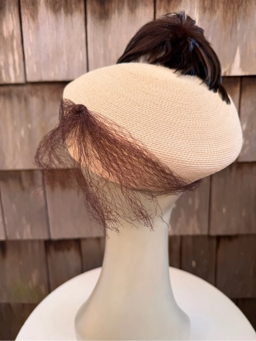 Vintage faux straw beige pillbox hat bows & brown feathers accent tassels 21.5”.